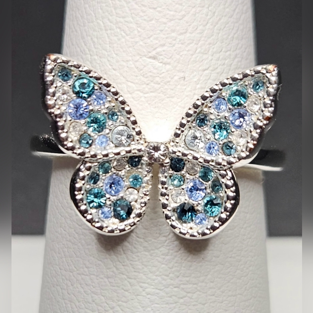 ✨️UPDATED✨️Sparkly Blue Rhinestone Butterfly Statement Ring Silver Plated Size 8